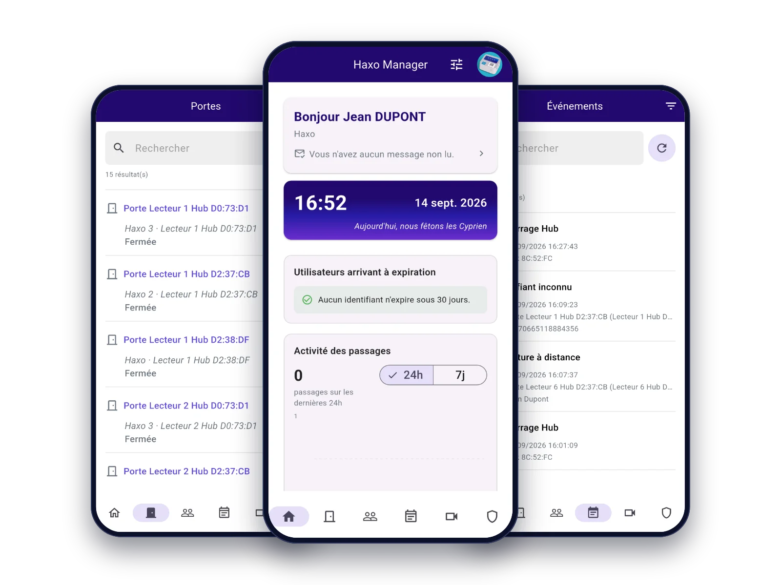 HAXO Manager mobile app: dashboard, doors and events on a smartphone