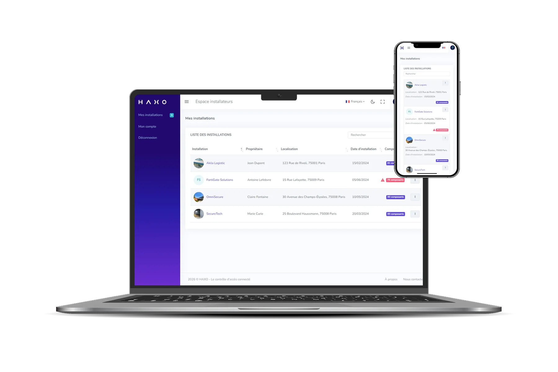 HAXO Setup Installateur-App auf Desktop und Smartphone
